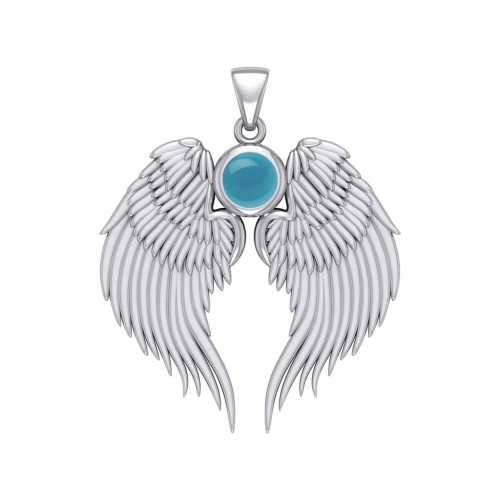 Guardian Angel Wings Silver Pendant with Turquoise Birthstone 