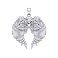 Guardian Angel Wings Silver Pendant with White Cubic Zirconia Birthstone for April
