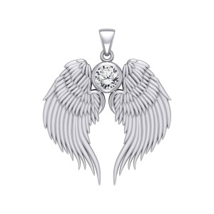 Guardian Angel Wings Silver Pendant with White Cubic Zirconia Birthstone 