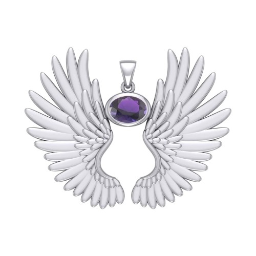 Guardian Angel Wings II Pendant with Amethyst Birthstone 