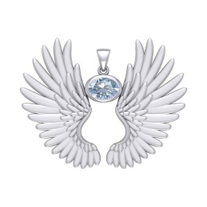 Guardian Angel Wings II Pendant with Aquamarine Birthstone 