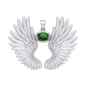Guardian Angel Wings II Pendant with Emerald Birthstone 