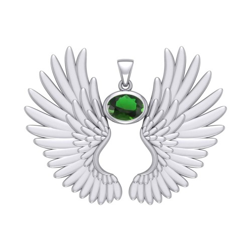 Guardian Angel Wings II Pendant with Emerald Birthstone 