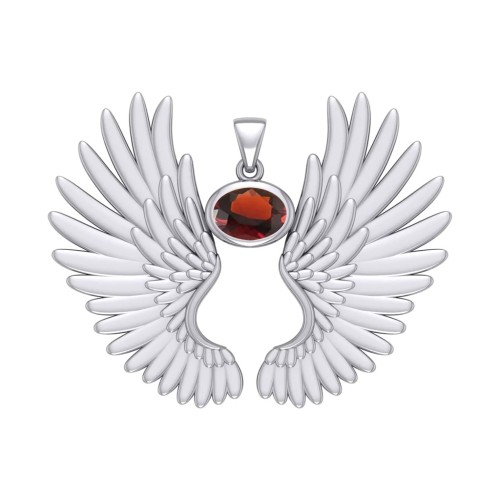 Guardian Angel Wings II Pendant with Garnet Birthstone 