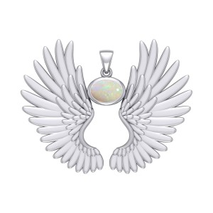 Guardian Angel Wings II Pendant with Opal Birthstone 