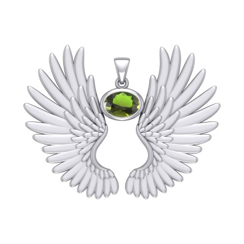 Guardian Angel Wings II Pendant with Peridot Birthstone 