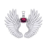 Guardian Angel Wings II Pendant with Ruby Birthstone 