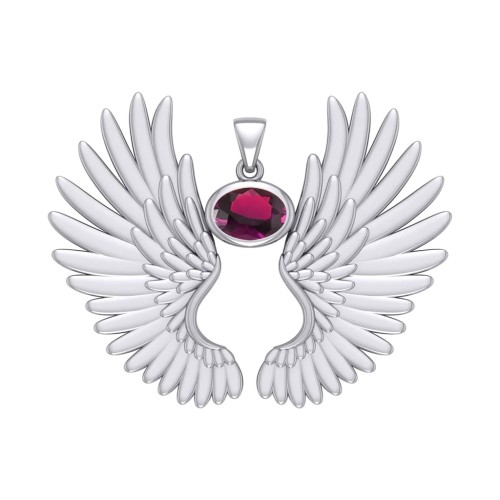 Guardian Angel Wings II Pendant with Ruby Birthstone 