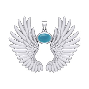 Guardian Angel Wings II Pendant with Turquoise Birthstone 