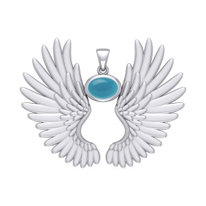 Guardian Angel Wings II Pendant with Turquoise Birthstone 