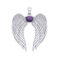 Guardian Angel Wings Pendant with Oval Amethyst Birthstone for February