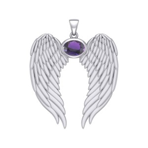 Guardian Angel Wings Pendant with Oval Amethyst Birthstone 