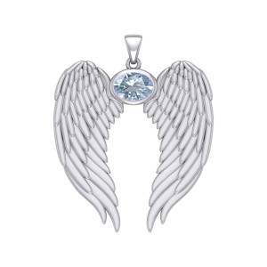 Guardian Angel Wings Pendant with Oval Aquamarine Birthstone 