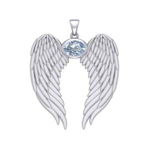Guardian Angel Wings Pendant with Oval Aquamarine Birthstone for March
