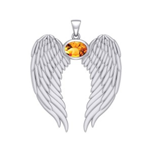 Guardian Angel Wings Pendant with Oval Citrine Birthstone 