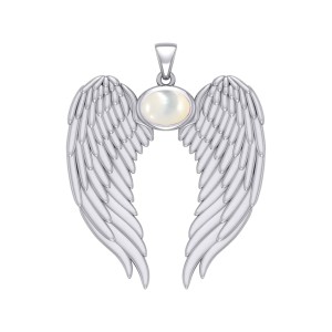 Guardian Angel Wings Pendant with Oval Mother of Pearl Birthstone 