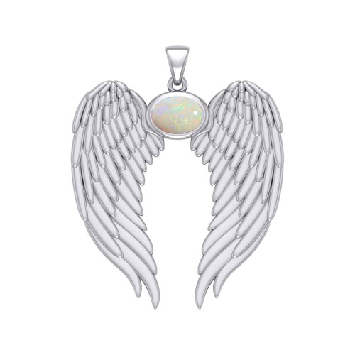 Guardian Angel Wings Pendant with Oval Opal Birthstone 