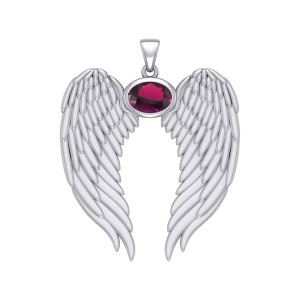 Guardian Angel Wings Pendant with Oval Ruby Birthstone for July