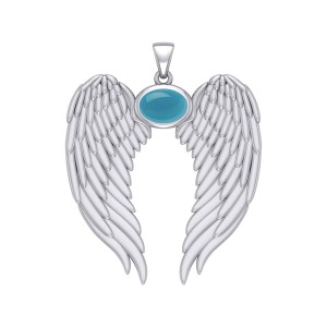 Guardian Angel Wings Pendant with Oval Turquoise Birthstone 