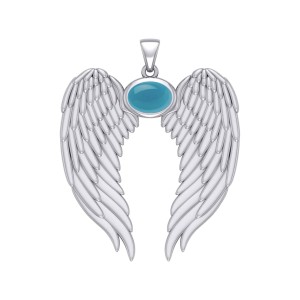 Guardian Angel Wings Pendant with Oval Turquoise Birthstone for December