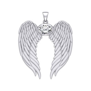 Guardian Angel Wings Pendant with Oval White Cubic Zirconia Birthstone 