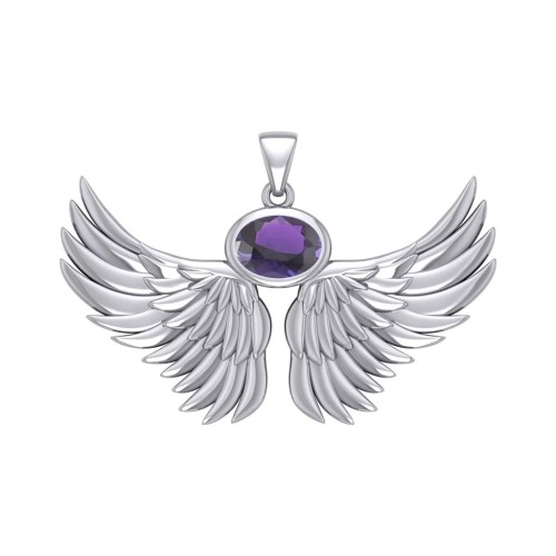 Guardian Angel Wings III Pendant with Amethyst Birthstone 