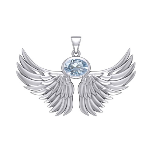 Guardian Angel Wings III Pendant with Aquamarine Birthstone 