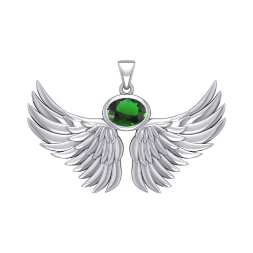 Guardian Angel Wings III Pendant with Emerald Birthstone 