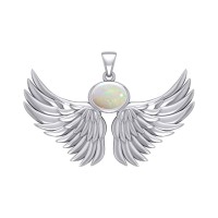 Guardian Angel Wings III Pendant with Opal October Birthstone 