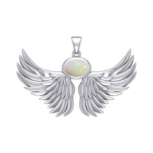 Guardian Angel Wings III Pendant with Opal Birthstone 