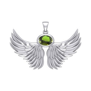 Guardian Angel Wings III Pendant with Peridot Birthstone 