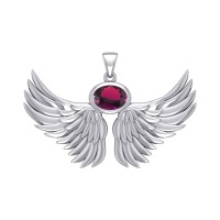 Guardian Angel Wings III Pendant with Ruby Birthstone 