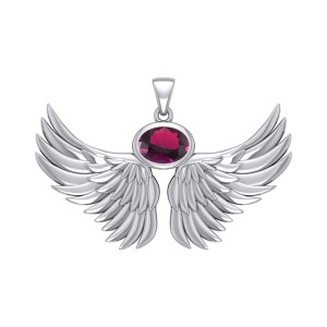 Guardian Angel Wings III Pendant with Ruby Birthstone 