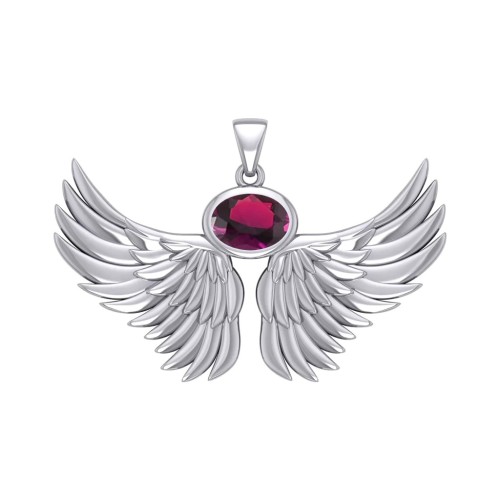 Guardian Angel Wings III Pendant with Ruby Birthstone 