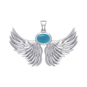 Guardian Angel Wings III Pendant with Turquoise Birthstone 