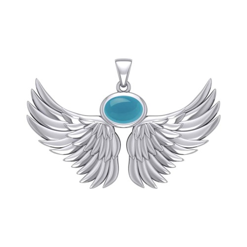 Guardian Angel Wings III Pendant with Turquoise Birthstone 