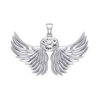 Guardian Angel Wings III Pendant with White Cubic Zirconia Birthstone 