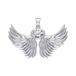 Guardian Angel Wings III Pendant with White Cubic Zirconia Birthstone 