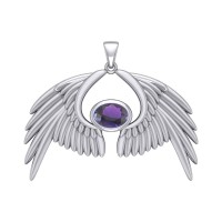 Guardian Angel Wings IV Pendant with Amethyst Birthstone 