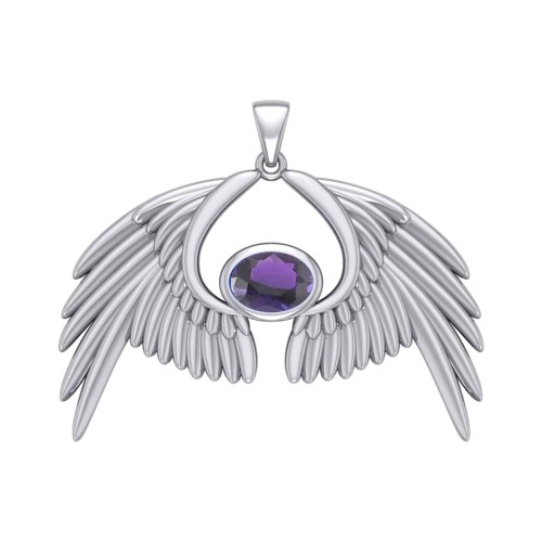 Guardian Angel Wings IV Pendant with Amethyst Birthstone 