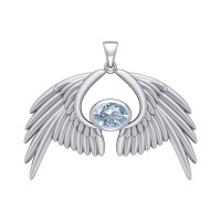 Guardian Angel Wings IV Pendant with Aquamarine Birthstone 