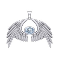 Guardian Angel Wings IV Pendant with Aquamarine Birthstone 