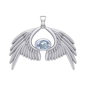 Guardian Angel Wings IV Pendant with Aquamarine Birthstone 