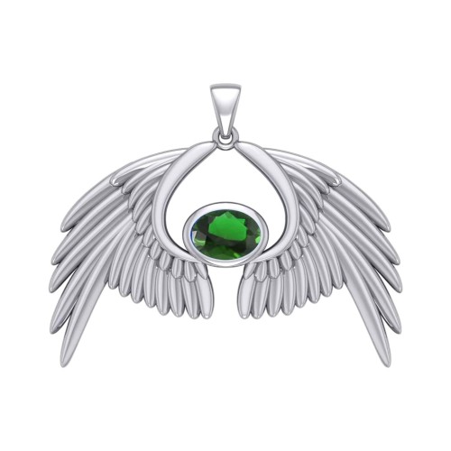 Guardian Angel Wings IV Pendant with Emerald Birthstone 