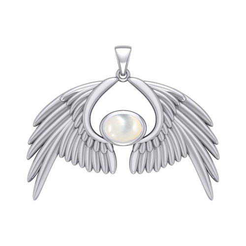 Guardian Angel Wings IV Pendant with Mother of Pearl Birthstone 