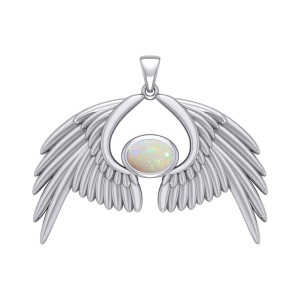 Guardian Angel Wings IV Pendant with Opal Birthstone 