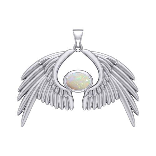 Guardian Angel Wings IV Pendant with Opal Birthstone 