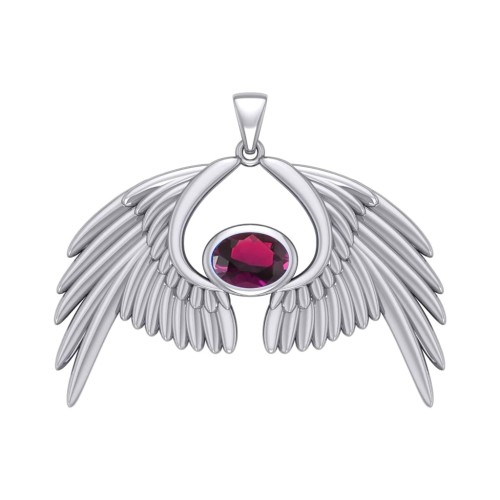 Guardian Angel Wings IV Pendant with Ruby Birthstone 
