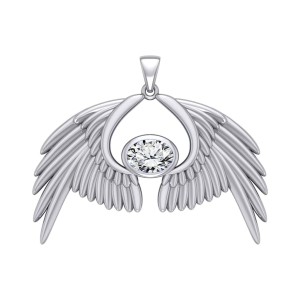 Guardian Angel Wings IV Pendant with White Cubic Zirconia Birthstone 