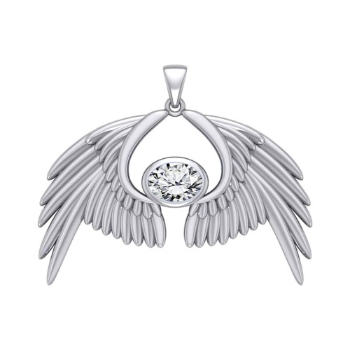 Guardian Angel Wings IV Pendant with White Cubic Zirconia Birthstone 